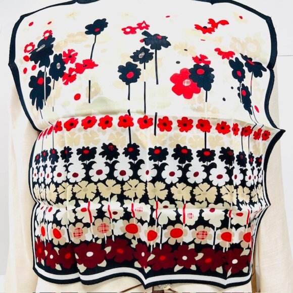NewTag Burberry Miniscarf/handker19.5" Cotton/Silk Black White Red Floral(14) - Picture 3 of 8